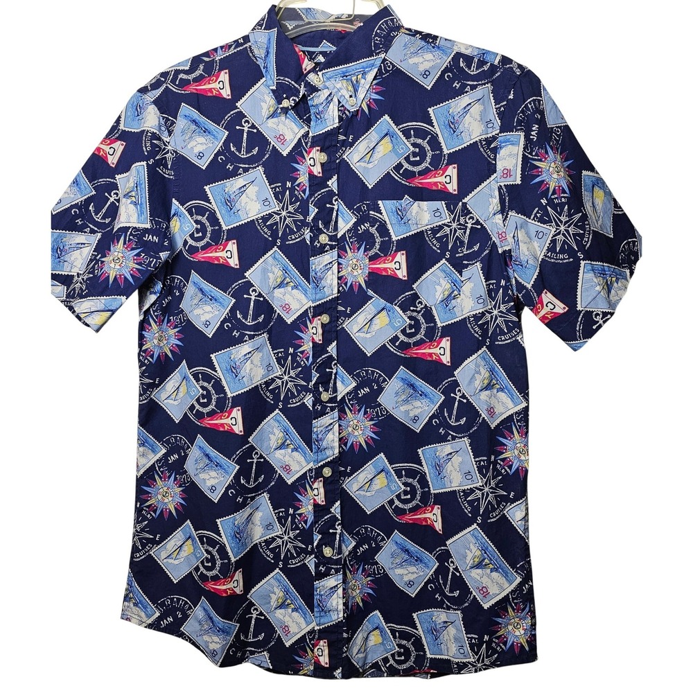 Chaps Mens Medium Navy‎ Blue Nautical Postage Stamp Sailboat Cotton Button Down